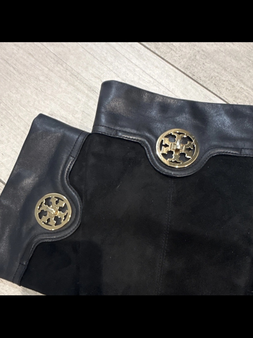 Tory Burch Black Suede Knee-High Boots with Gold Zippers
